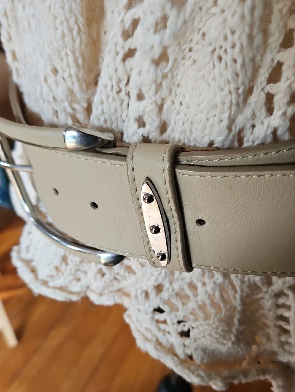 Per Se Cream Leather Belt with Silver Leather Wrap Buckle